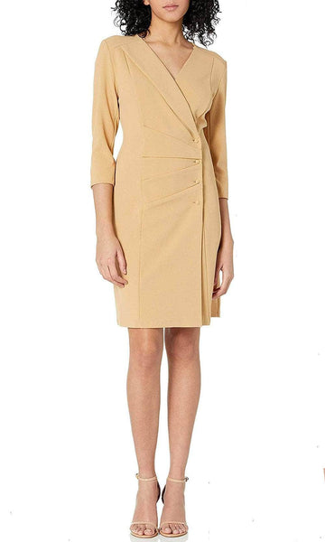 V-neck Pleated Button Front Natural Waistline Sheath Above the Knee Sheath Dress