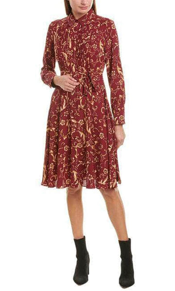 A-line Natural Waistline Long Sleeves Polyester Collared Tiered Button Front Above the Knee Shirt Dress With a Ribbon