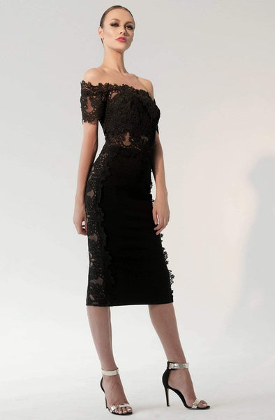 Sophisticated Cocktail Above the Knee Tea Length Short Sleeves Sleeves Off the Shoulder Lace Applique Fitted Sheer Sheath Natural Waistline Sheath Dress
