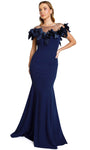 Floor Length Fitted Illusion Applique Crepe Mermaid Natural Waistline Evening Dress with a Brush/Sweep Train