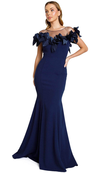Illusion Fitted Applique Crepe Natural Waistline Mermaid Floor Length Evening Dress with a Brush/Sweep Train