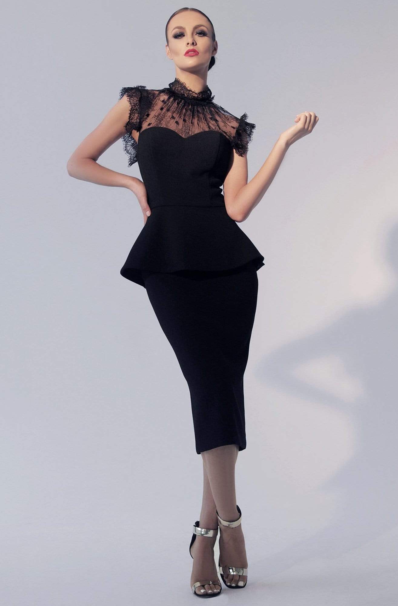 Nicole Bakti - 605 Illusion High Neck Peplum Cocktail Dress
