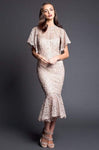 Sophisticated Lace Mermaid Tea Length Fitted Beaded Gathered Natural Waistline Flutter Sleeves Jeweled Neck Dress