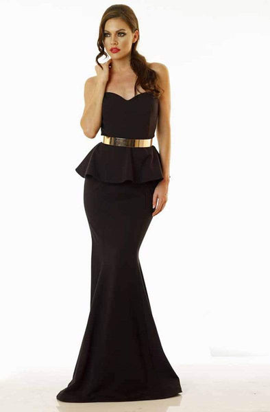 Strapless Plunging Neck Sweetheart Mermaid Natural Waistline Fitted Peplum Back Zipper Belted Evening Dress with a Brush/Sweep Train