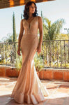 V-neck Floor Length Sleeveless Beaded Sheer Sequined Back Zipper Cutout Fitted Mesh Fit-and-Flare Mermaid Natural Waistline Dress With a Ribbon