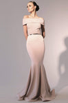 Strapless Off the Shoulder Floor Length Fitted Belted Mermaid Natural Waistline Evening Dress with a Brush/Sweep Train
