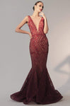 Floor Length Bateau Neck Plunging Neck Mermaid Natural Waistline Sequined Belted Illusion Fitted V Back Back Zipper Sheer Beaded Dress with a Brush/Sweep Train