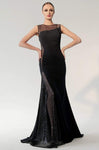 Natural Waistline Bateau Neck Asymmetric Fitted Sheer Illusion Sequined Mermaid Floor Length Evening Dress