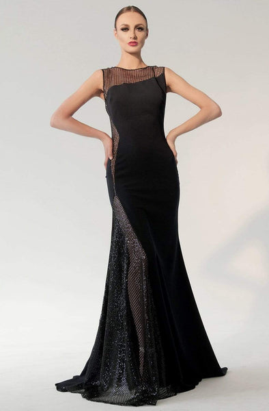 Bateau Neck Floor Length Natural Waistline Asymmetric Illusion Sheer Sequined Fitted Mermaid Evening Dress