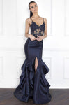 V-neck Floor Length Plunging Neck Mermaid Natural Waistline Lace Sleeveless Open-Back Cutout Fitted Sheer Back Zipper Applique Dress With Ruffles