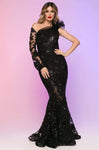 Natural Waistline Mermaid Floor Length Asymmetric Fitted Tulle Long Sleeves One Shoulder Evening Dress/Party Dress