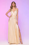 A-line V-neck Natural Waistline Sleeveless Floor Length Halter Plunging Neck Pleated Slit Backless Accordion V Back Dress