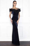 Bateau Neck Velvet Sheath Cap Sleeves Open-Back Back Zipper Wrap Sheer Beaded Illusion Natural Waistline Sheath Dress with a Brush/Sweep Train