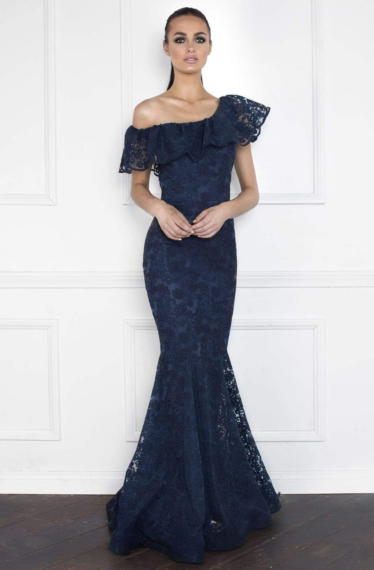 Nicole Bakti - 6853 Embroidered Asymmetric Mermaid Dress
