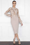 Fitted Slit Back Zipper High-Neck Tea Length Sheath Floral Print Long Sleeves Lace Sheath Dress/Party Dress