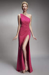 One Shoulder Sleeveless Sheath Natural Waistline Fitted Slit Ruched Sheath Dress/Evening Dress with a Brush/Sweep Train