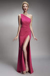 Ruched Slit Fitted One Shoulder Sleeveless Natural Waistline Sheath Sheath Dress/Evening Dress with a Brush/Sweep Train