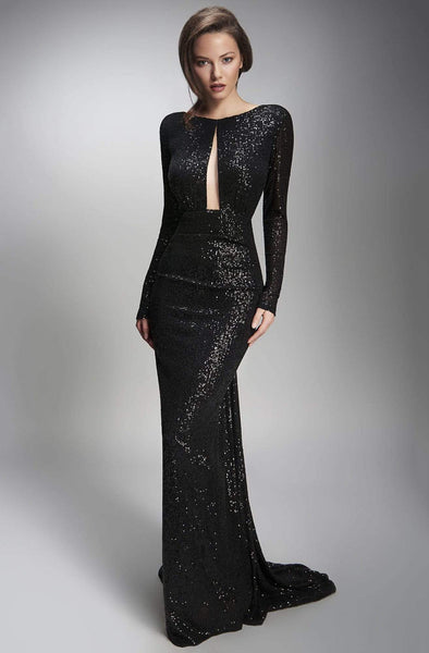 Bateau Neck Long Sleeves Natural Waistline Fitted Illusion Backless Cutout Sheer Beaded Keyhole Mesh Sequined Sheath Sheath Dress/Evening Dress with a Brush/Sweep Train