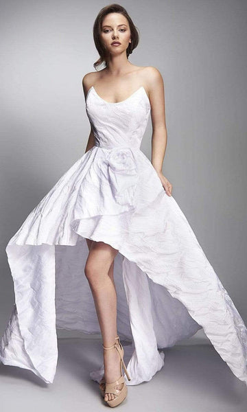 A-line Strapless High-Low-Hem Natural Waistline Fitted Pleated Scoop Neck Dress With Ruffles