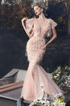 Sophisticated V-neck Mermaid Natural Waistline Floor Length Plunging Neck Sheer Sequined Fitted Applique Party Dress