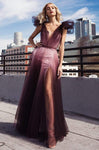 A-line V-neck Slit Sheer Plunging Neck Natural Waistline Floor Length Sleeveless Dress With Ruffles