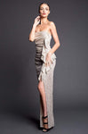 Strapless Straight Neck Floor Length Sheath Slit Shirred Ruched Glittering Natural Waistline Sheath Dress With Ruffles