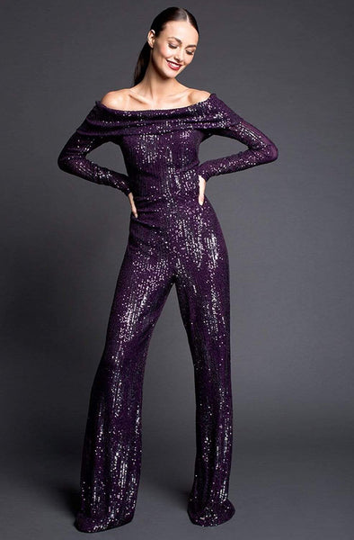Natural Waistline Long Sleeves Off the Shoulder Sequined Fitted Evening Dress/Jumpsuit