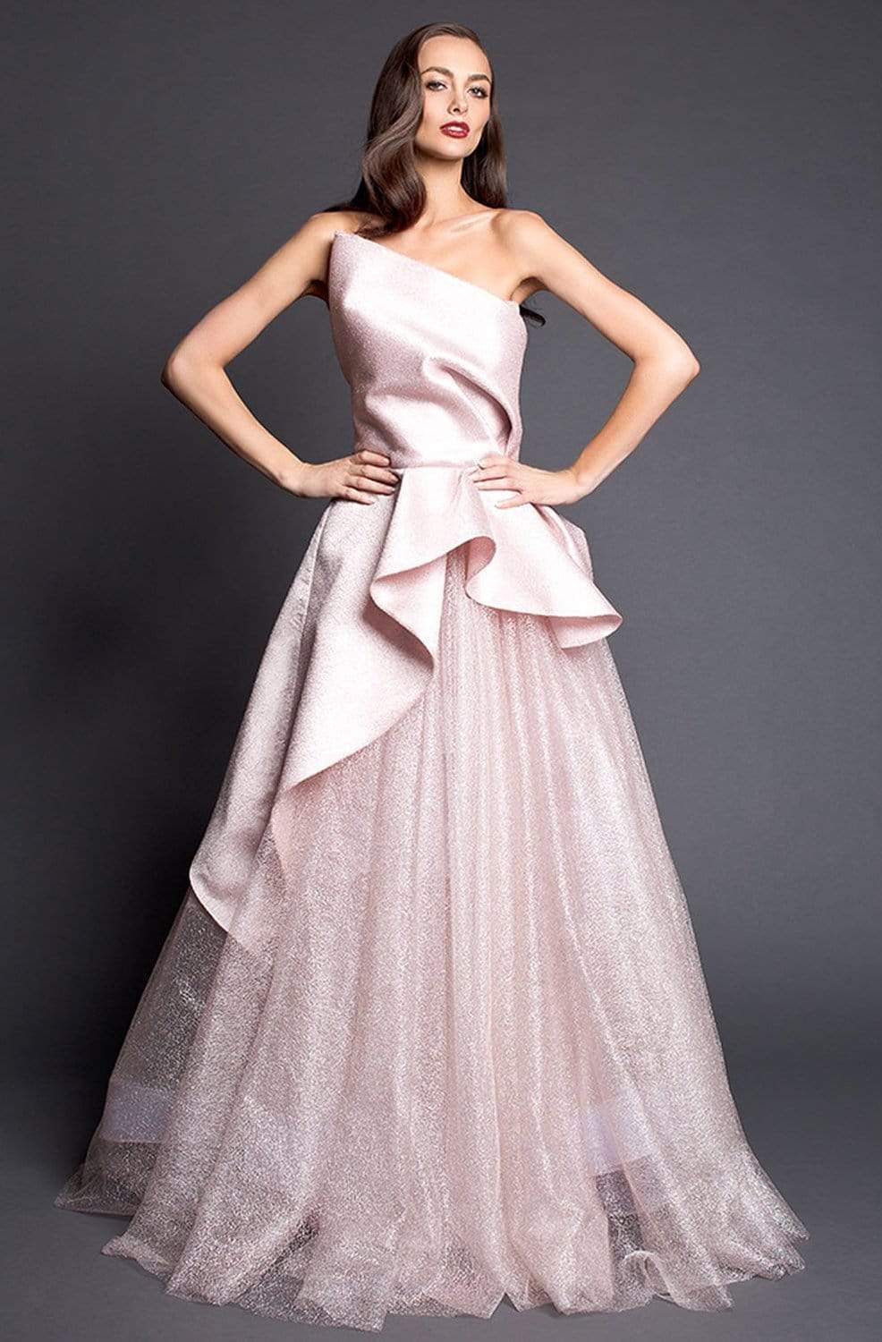 Nicole Bakti - 6960 Strapless Asymmetric Ruffled Peplum A-line Gown
