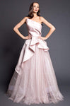 A-line Strapless Floor Length Ruched Peplum Asymmetric Natural Waistline Dress With Ruffles