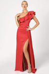 Sheath Natural Waistline One Shoulder Asymmetric Slit Fitted Floor Length Sheath Dress/Prom Dress With Ruffles