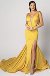 V-neck Sleeveless Mermaid Ruched Slit Open-Back Natural Waistline Plunging Neck Dress with a Chapel Train with a Brush/Sweep Train