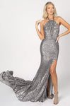 Sequined Back Zipper Cutout Slit Open-Back Natural Waistline Mermaid Halter Plunging Neck Dress with a Brush/Sweep Train