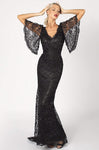 V-neck Sheath Natural Waistline Flutter Sleeves Fitted Beaded Sheer Lace Sheath Dress with a Brush/Sweep Train