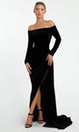 Strapless Long Sleeves Off the Shoulder Draped Slit Fitted Velvet Sheath Floor Length Natural Waistline Sheath Dress with a Brush/Sweep Train