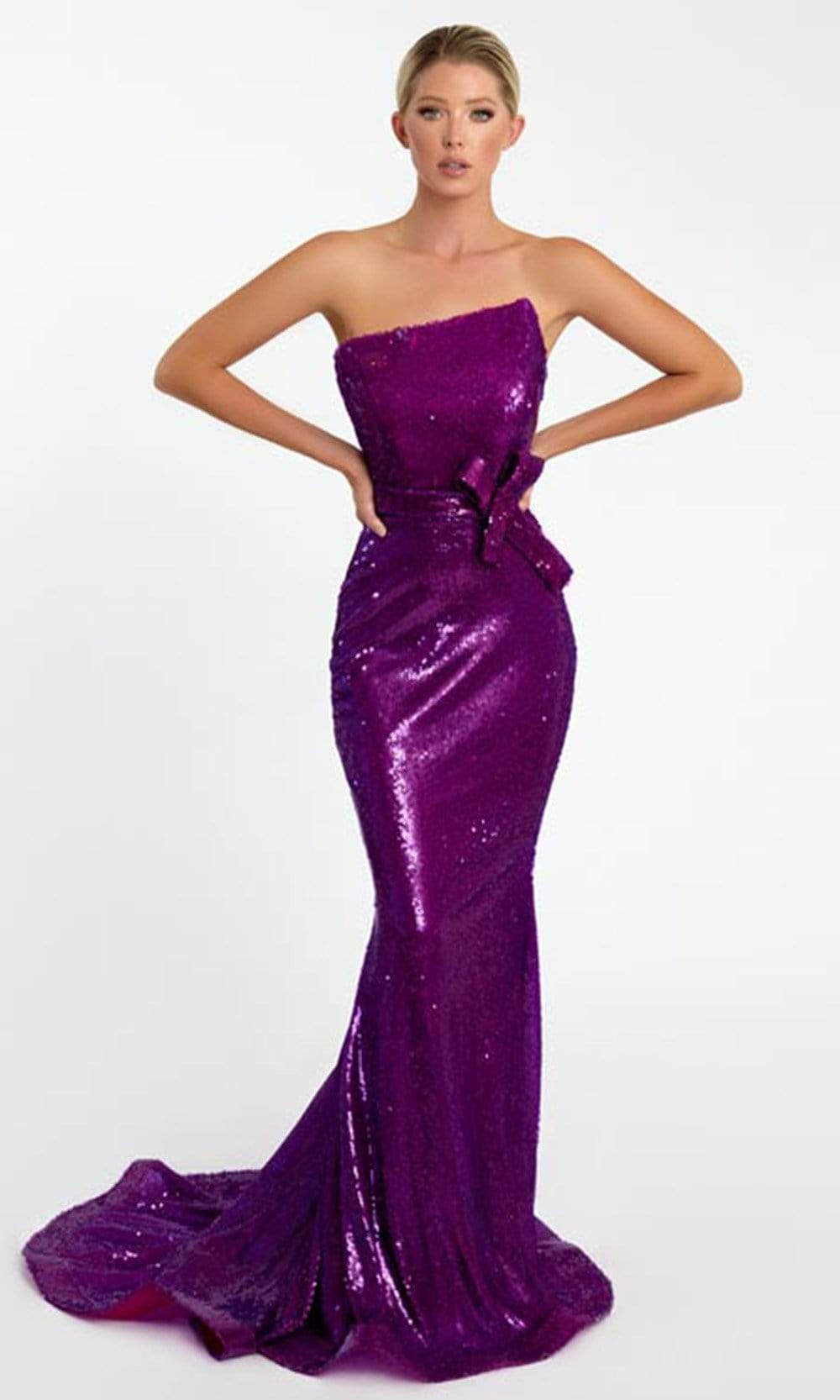 Nicole Bakti - 7047 Asymmetrical Bow Accented Sequin Dress
