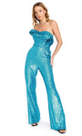 Sophisticated Strapless Natural Waistline Draped Sequined Asymmetric Floor Length Jumpsuit