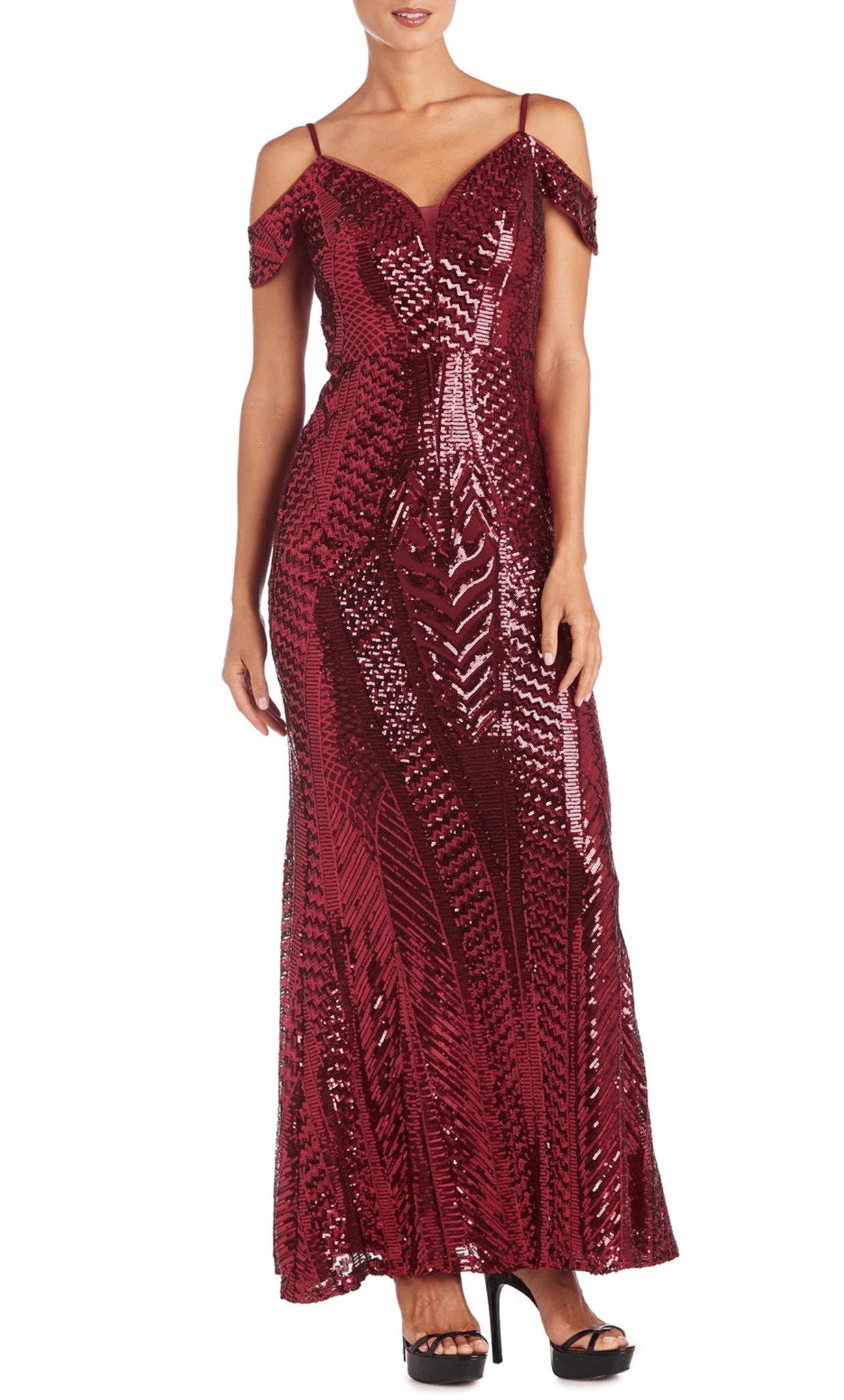 V-neck Natural Waistline Plunging Neck Cold Shoulder Sleeves Off the Shoulder Spaghetti Strap V Back Sequined Slit Sheath Sheath Dress/Evening Dress