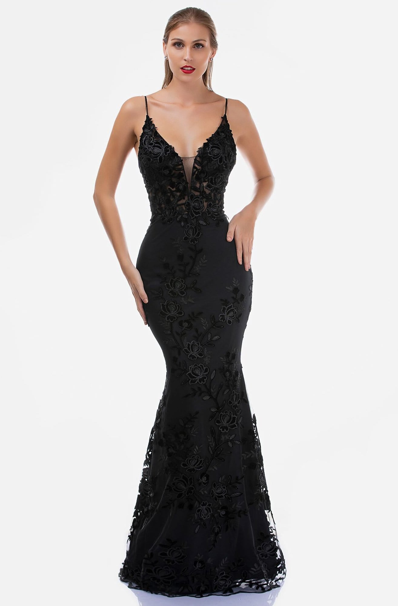 Nina Canacci - 2240 V-Neck Embroidered Long Dress
