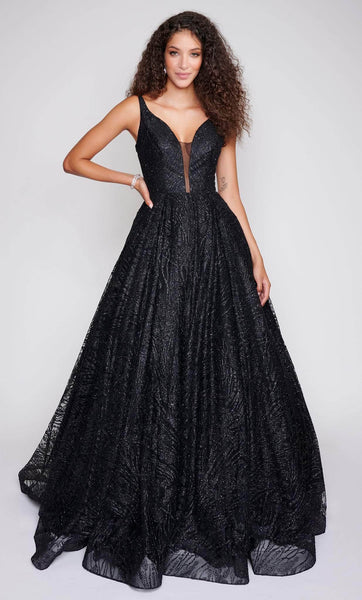 A-line V-neck Sleeveless Spaghetti Strap Sheer Open-Back Lace-Up Backless Fitted Glittering Floor Length Plunging Neck Natural Waistline Dress with a Brush/Sweep Train