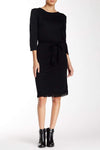 Slit Belted Gathered Sheath Knit Jeweled Neck Above the Knee Natural Tie Waist Waistline Frill Trim Sheath Dress