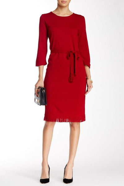 Knit Sheath Natural Tie Waist Waistline Jeweled Neck Above the Knee Frill Trim Belted Slit Gathered Sheath Dress