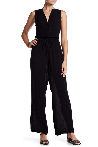V-neck Sleeveless Natural Tie Waist Waistline Rayon Floor Length Pleated Shirred Button Front Pocketed Jumpsuit