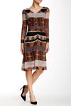 A-line V-neck Natural Waistline Above the Knee Long Sleeves Mesh Shirred Ruched General Print Dress