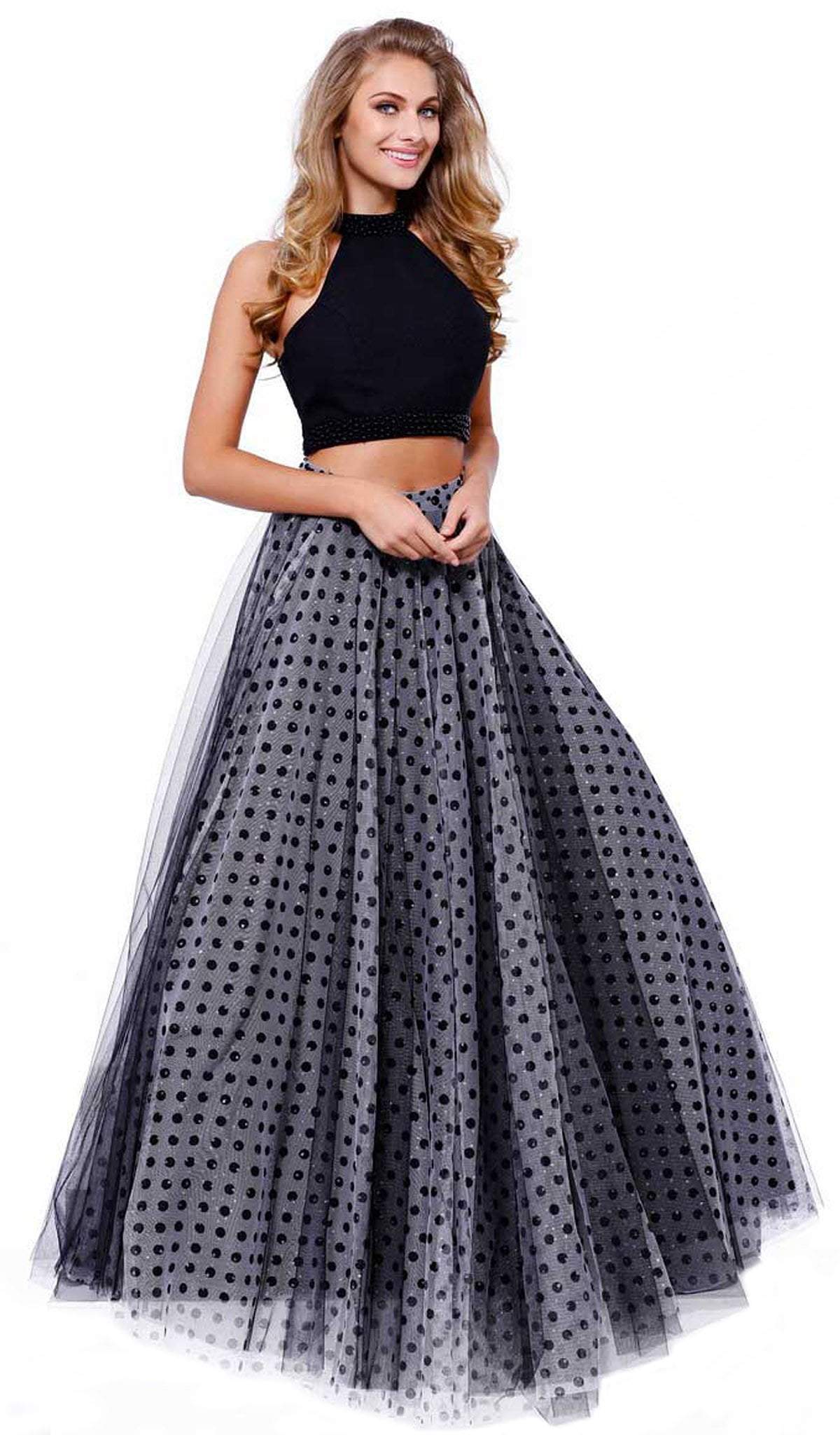 Nox Anabel - 8204 Two-Piece Halter Polka Dot Printed Evening Gown