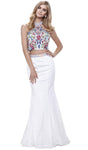 Natural Waistline Open-Back Embroidered Illusion Back Zipper Beaded Lace Sleeveless Mermaid Halter Floral Print Dress