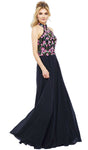 A-line Sleeveless Open-Back Natural Waistline Halter Floral Print Floor Length Evening Dress