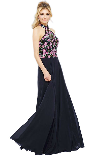 A-line Halter Floor Length Floral Print Sleeveless Natural Waistline Open-Back Evening Dress