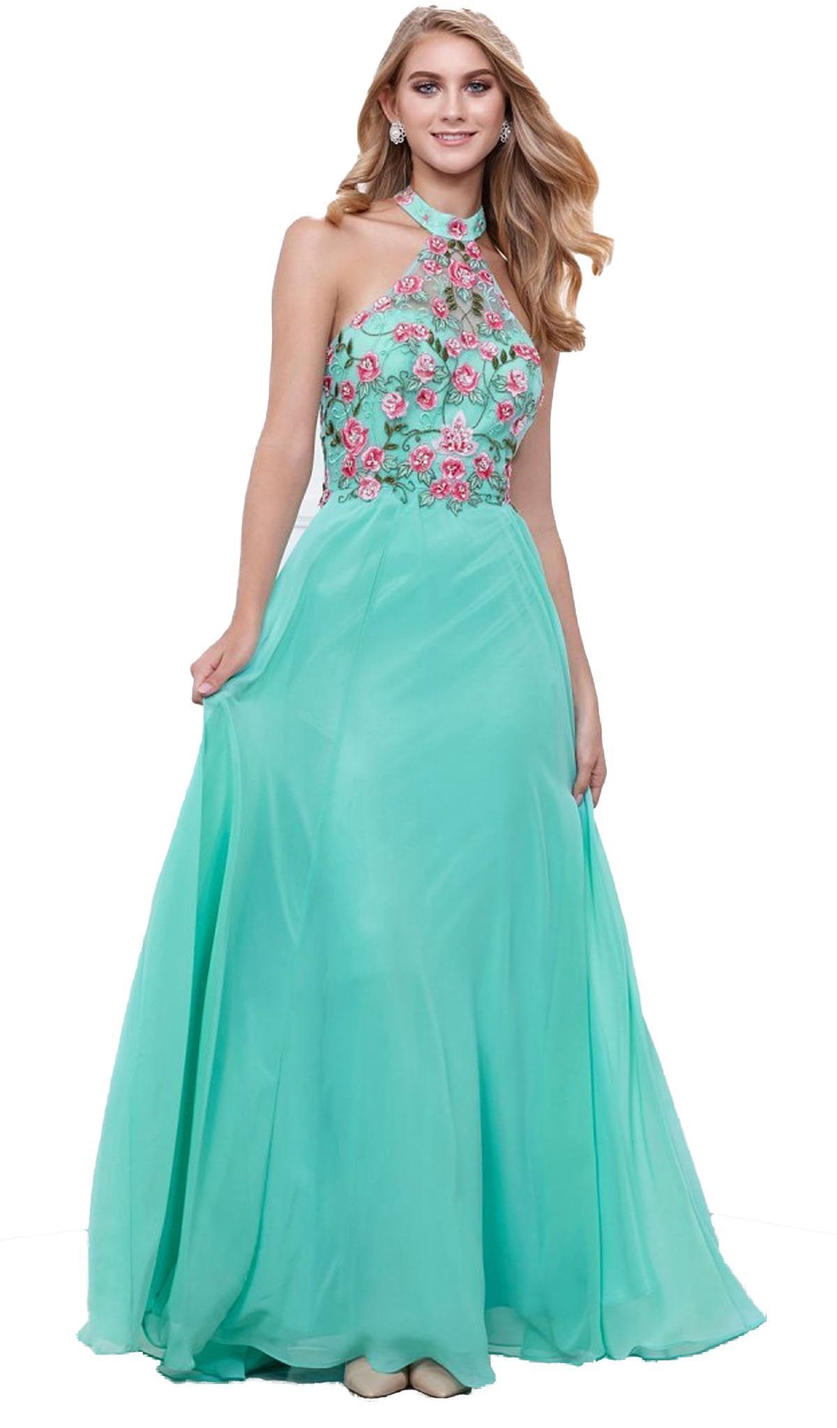 Nox Anabel - 8326 Lovely Floral Halter Style Long Evening Gown
