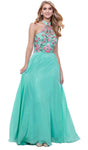 A-line Natural Waistline Floor Length Open-Back Sleeveless Halter Floral Print Evening Dress