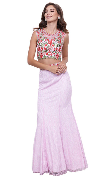 Mermaid Lace High-Neck Floral Print Illusion Beaded Floor Length Sleeveless Party Dress